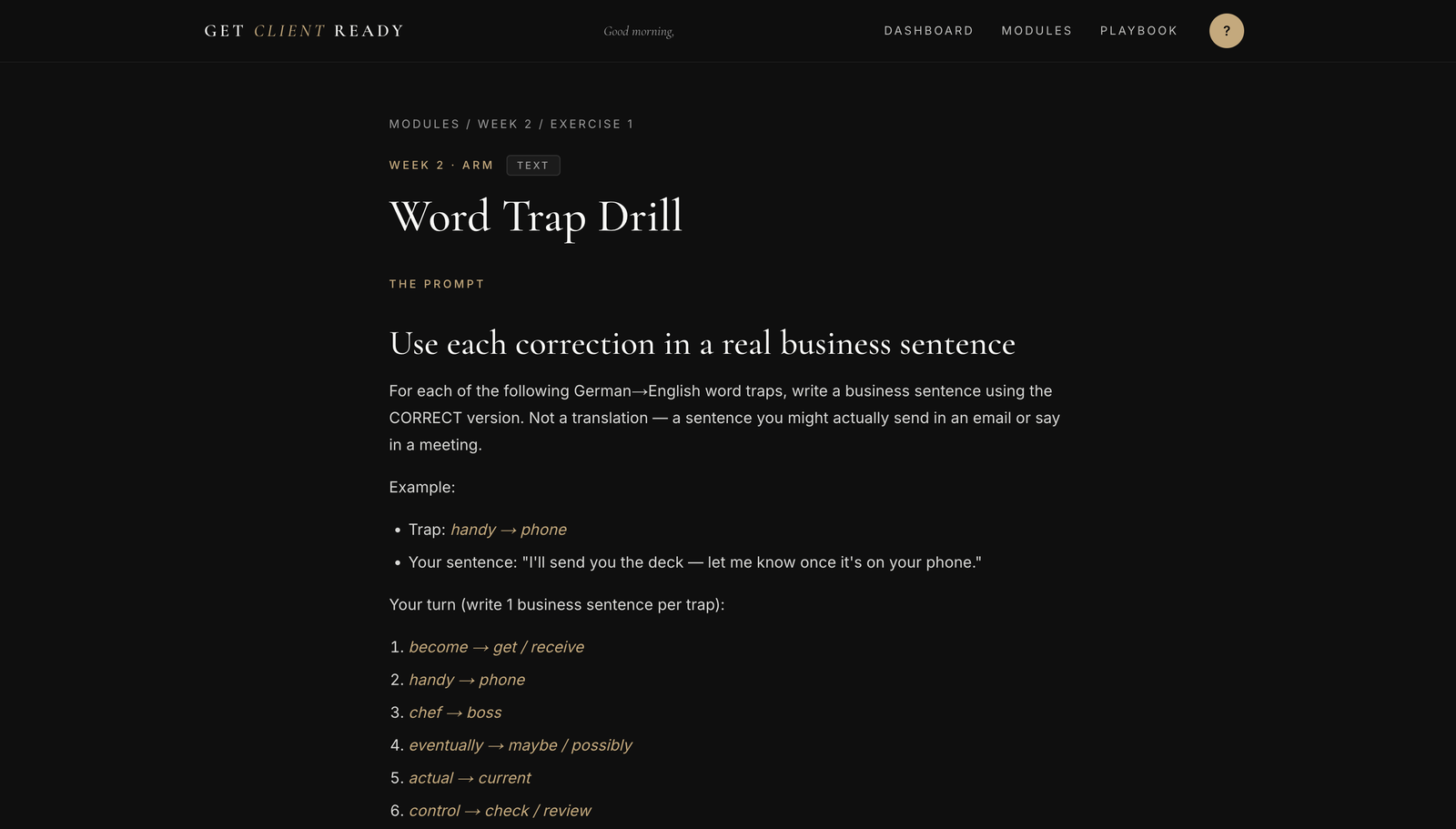 A Module 2 Word Trap Drill exercise showing the prompt, example, and the eight German-to-English word traps with a submission textarea below